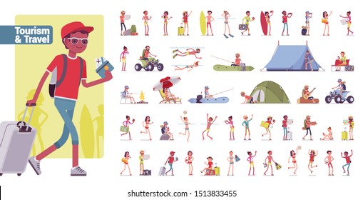 Tourism and travelling big bundle character set. Tourists visiting places for recreation or outdoor adventure, seaside weekend. Vector flat style cartoon illustration isolated on white background