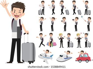 Tourism and travelling bundle character set. Full length, gestures, emotions, poses