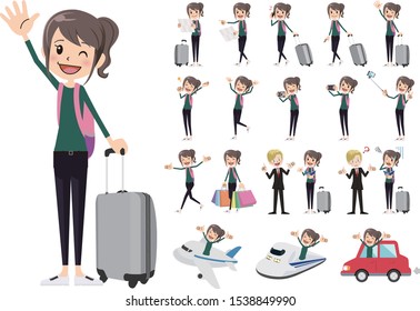 Tourism and travelling bundle character set. Full length, gestures, emotions, poses