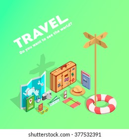Tourism, trip and journey in isometric style. Summer vacation. Set of isolated isometric objects and passenger luggage. Isometric style suitcase, map, camera, passport, book, hat, notebook, compass.