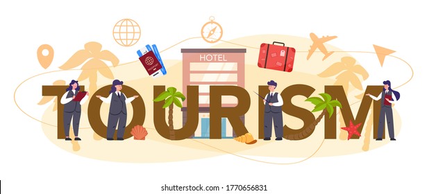 Tourism typographic header concept. Office worker selling tour, cruise, airway or railway tickets. Vacation organization agency, hotel booking. Isolated vector illustration