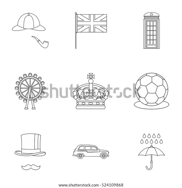 Tourism in United\
Kingdom icons set. Outline illustration of 9 tourism in United\
Kingdom vector icons for\
web