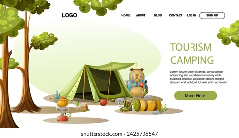 Tourism vacation camping hiking website web page template. Freehand drawing. Isolate on a white background. Vector