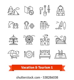 Tourism & vacation recovery. Thin line art icons set. Sport, recreation activities. Linear style symbols isolated on white.