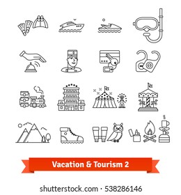 Tourism & vacation recovery. Thin line art icons set. Sea sport, hiking, recreation activities. Linear style symbols isolated on white.