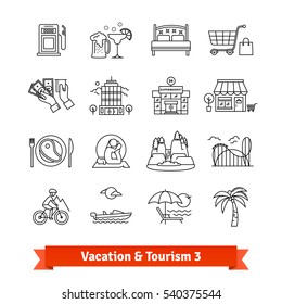 Tourism & vacation recovery. Thin line art icons set. Hotels infrastructure, sports, hiking, recreation activities. Linear style symbols isolated on white.