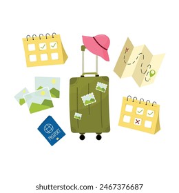 Tourism vacation set on white isolated background. Cute suitcase, map, panama hat, calendar in vector flat style. For seasonal holiday decor, cards, posters.