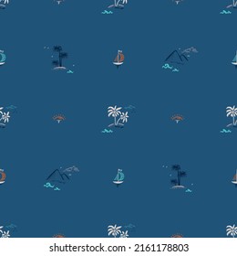 Tourism and Vacation Theme. Summer Seascape Seamless Dark Blue Pattern. Palm trees, Islands, Sea waves, Sailboats, Tropical Plants and Sunny Dawn. Vector illustration
