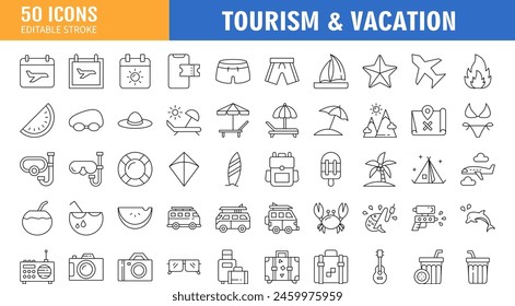 Tourism And Vacation Vector Line Icon Set. 