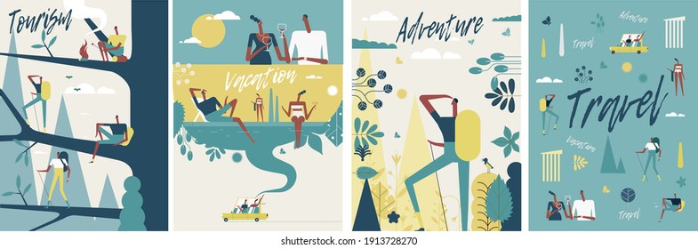 Tourism, Vacations and Adventures. Set of flat vector posters. Man exploring the environment. People in a car dreaming of a vacation by the sea. Poster, postcard or book cover.