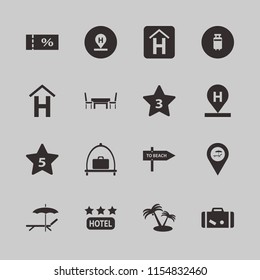 tourism vector icons set. with beach location, chaise lounge umbrella, hotel sign and suitcase in set