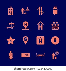 tourism vector icons set. with hotel building, table chairs, hotel four stars and skiing in set