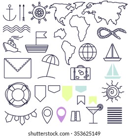 Tourism vector icons with the ship, sun, anchor, beach, sea.