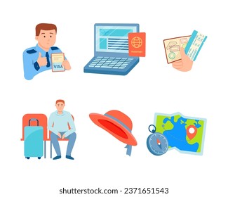 Tourism vector illustration set. Customs inspection, database search, ticket in hand, waiting area at airport, summer hat, destination on map. Tourism, check-in, travel concept