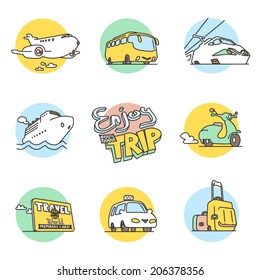 Tourism, Vehicle and transportation hand-drawn doodle icons. Colored vector icon set. Logo templates.