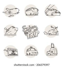 Tourism, Vehicle and transportation hand-drawn doodle icons. Line art vector icon set. Logo templates.