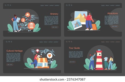 Tourism web banner or landing page dark or night mode set. People traveling the world seeing attractions and cultural heritage. Traveler booking a hotel and packing a baggage. Flat vector illustration