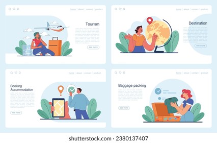 Tourism web banner or landing page set. People traveling the world seeing attractions and cultural heritage. Traveler booking a hotel and packing a baggage. Active lifestyle. Flat vector illustration