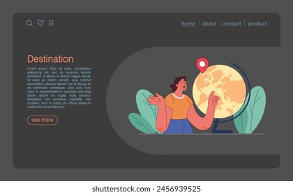 Tourism web banner or landing page dark or night mode. People traveling the world seeing attractions and cultural heritage. Traveler booking a hotel and packing a baggage. Flat vector illustration