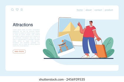 Tourism web banner or landing page. People traveling the world seeing attractions and cultural heritage. Traveler booking a hotel and packing a baggage. Active lifestyle. Flat vector illustration