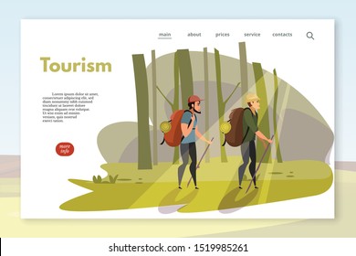 Tourism webpage template. Tourist walking in woods vector illustration. Campers with sticks cartoon characters. Ecotourism fans enjoying natural environment. Hikers with trekking poles in forest