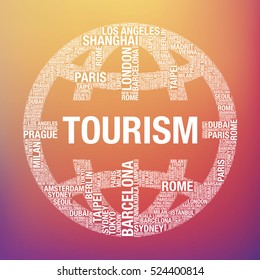 Tourism word in world globe tourist, vector concept