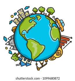 Tourism and the World Economy is draw by hand on tablet. Vector illustration. 