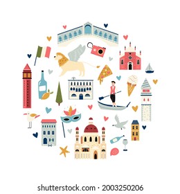 Tourist abstract design with famous destinations and landmarks of Venice. Vector illustration, poster.