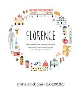 Tourist abstract design with famous destinations and landmarks of Florence. Vector illustration, poster.