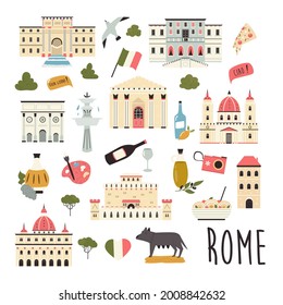 Tourist abstract design with famous destinations and landmarks of Rome. Vector illustration, poster.