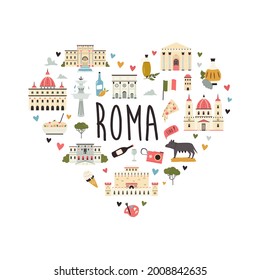 Tourist abstract design with famous destinations and landmarks of Rome. Vector illustration, poster.