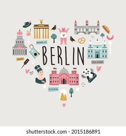 Tourist abstract design with famous destinations and landmarks of Berlin. Vector illustration, poster.