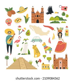 Tourist abstract design with famous destinations and landmarks of Mexico. Vector illustration, poster, placard