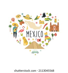 Tourist abstract design with famous destinations and landmarks of Mexico. Vector illustration, poster, placard