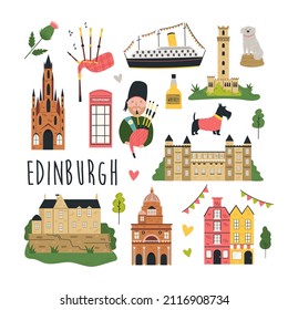 Tourist abstract design with famous destinations and landmarks of Edinburgh. Bright image for tourist leaflets, magazines, posters.