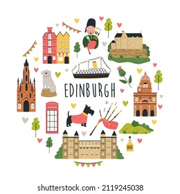 Tourist abstract design with famous destinations and landmarks of Edinburgh. Bright image for tourist leaflets, magazines, posters.