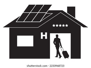 Icono o símbolo de alojamiento turístico. Hotel de 5 estrellas con paneles solares y ejecutivo con entrada de equipaje