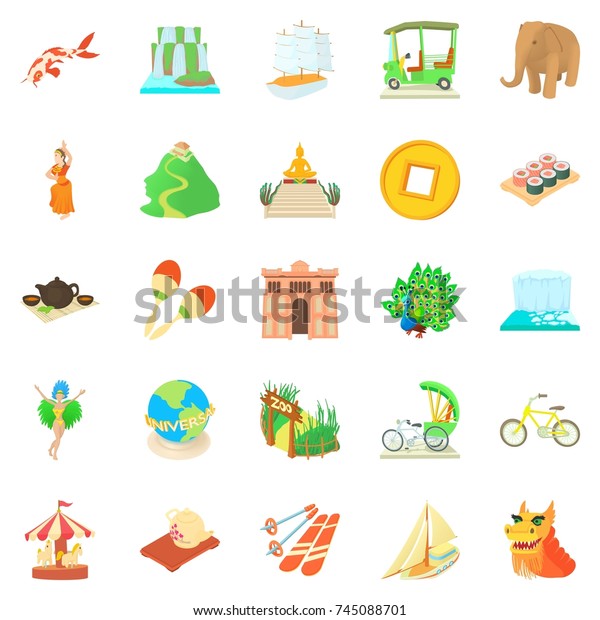 Tourist activity\
icons set. Cartoon set of 25 tourist activity vector icons for web\
isolated on white\
background