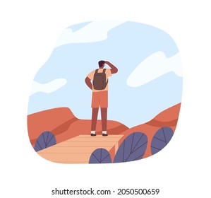 Tourist in adventure, looking forward, exploring nature. Hiker travel, standing on top of mountains in sky. Concept of discovering new horizons. Flat vector illustration isolated on white background