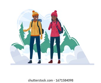 Tourist African Couple Hiking Activity. Black Man And Woman Climbing, Walking, Outdoor Recreation In The Forest. Trekking, Adventures In Nature, Winter Vacation. Downshifting, Discovery Banner Concept