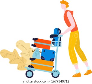 Tourist in airport with baggage traveling, journey flat vector illustration isolated on white. Man pushing luggage suitcases on trolley at the airport. Tourism and trip vacation tour.