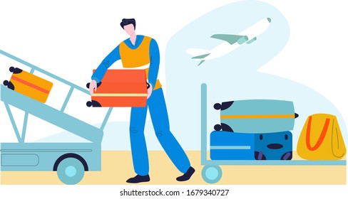 Tourist in airport with baggage traveling, journey flat vector illustration isolated on white. Man pushing luggage suitcases on trolley at the airport. Tourism and trip vacation tour.