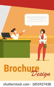 Tourist and airport employee wearing face mask. Women talking at check in desk flat vector illustration. Social distance, travel concept for banner, website design or landing web page