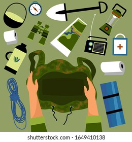 tourist ammunition. vector image of necessary things for a tourist. the person collecting the backpack