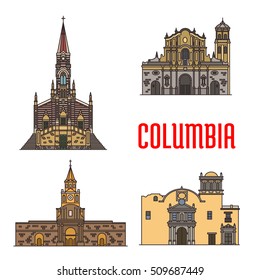 Tourist architecture landmarks of Colombia. Vector Cathedral of Our Lady Carmen, Popayan Santo Domingo Cathedral, Cartagena Town Hall, Ermita Church. Historic sightseeing icons for travel, vacations