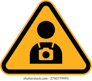 Tourist area caution sign featuring a photographer icon with a camera. Yellow triangular warning design indicating areas popular for photography or sightseeing. Ideal for tourism destinations, parks, landmarks, and public information systems.