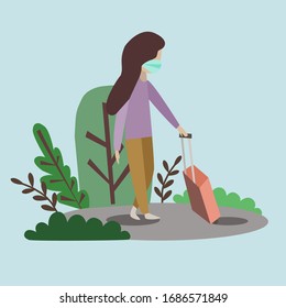 A Tourist arrives with coronavirus or covid-19 and becomes a spreader. Concept of Coronavirus or Covid-19.  A woman in a mask or an infected tourist with a suitcase.