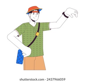 Tourist asiatische männliche Armbanduhr, die 2D lineare Cartoon-Figur überprüft. Koreanischer Typ Reisender isolierte Linie Vektor Person weißer Hintergrund. Armbanduhr Zeit Urlauber Farbe flachen Punkt Illustration