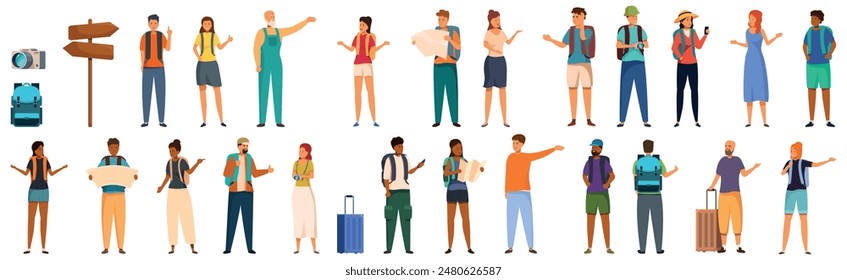 Tourist ask icons set. Diverse group of people traveling together, asking for directions, checking the map, taking pictures and enjoying their trip
