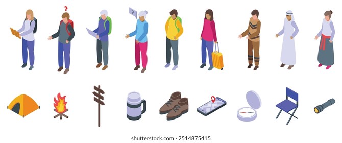 Tourist ask icons set. Travelers and backpackers are exploring new destinations, using maps for navigation, and enjoying outdoor adventures